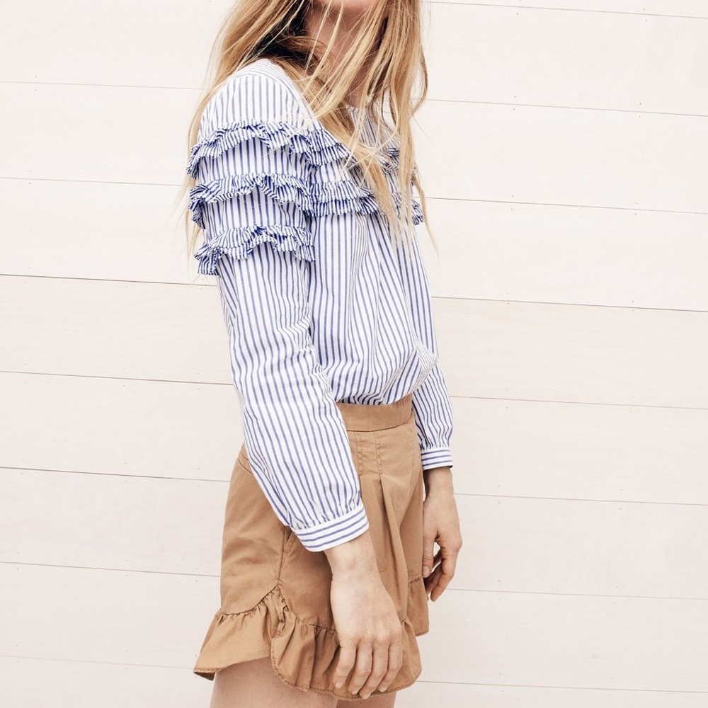 J Crew Tiered Ruffle Multi Stripe Blouse Sz 8